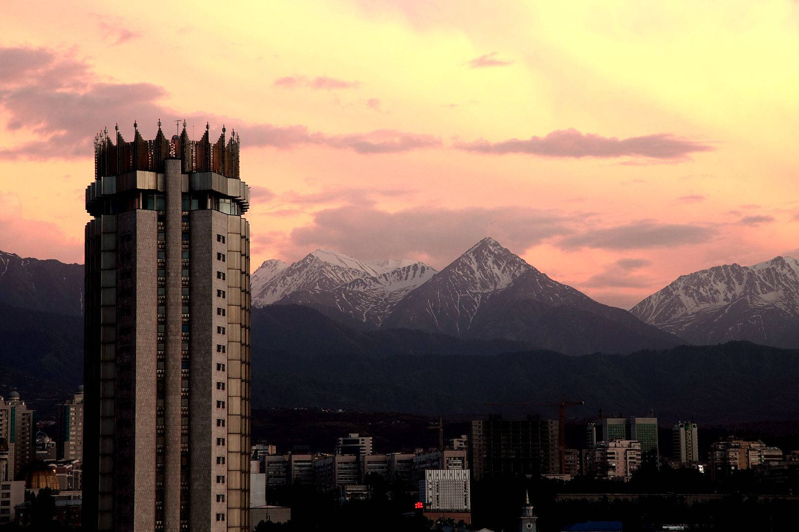 Almaty, tall building, snow-capped mountains, HD Desktop Wallpaper