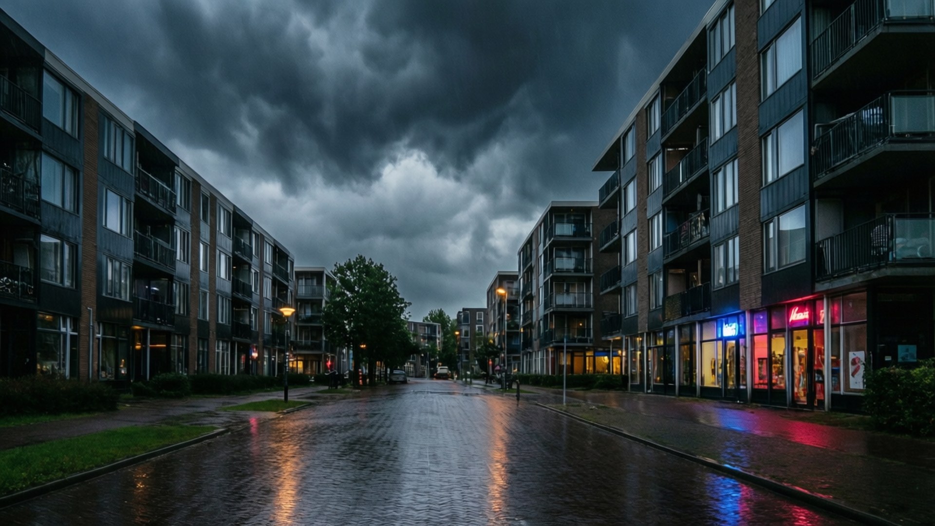 Almere, Stormy Night, neon lights, Full HD Desktop Wallpaper