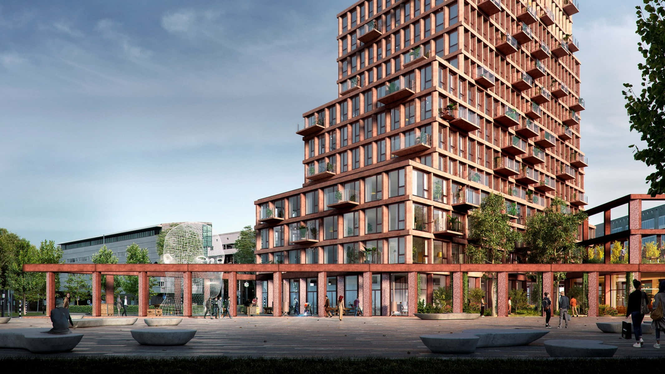Almere, modern terraced tower, copper-toned balconies, Full HD Desktop Wallpaper