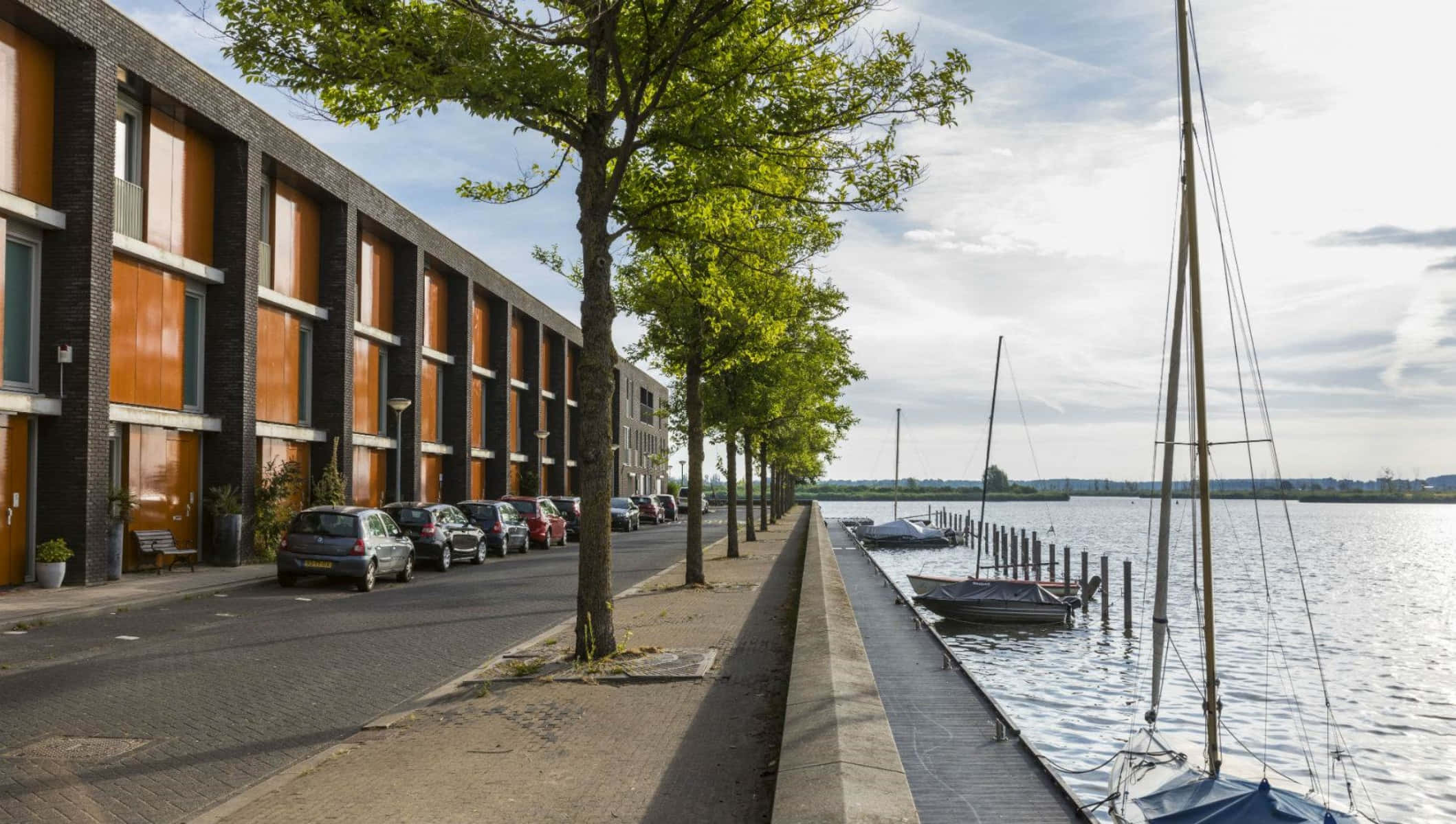 Almere, waterfront residential area, modern brick building, Full HD Desktop Wallpaper