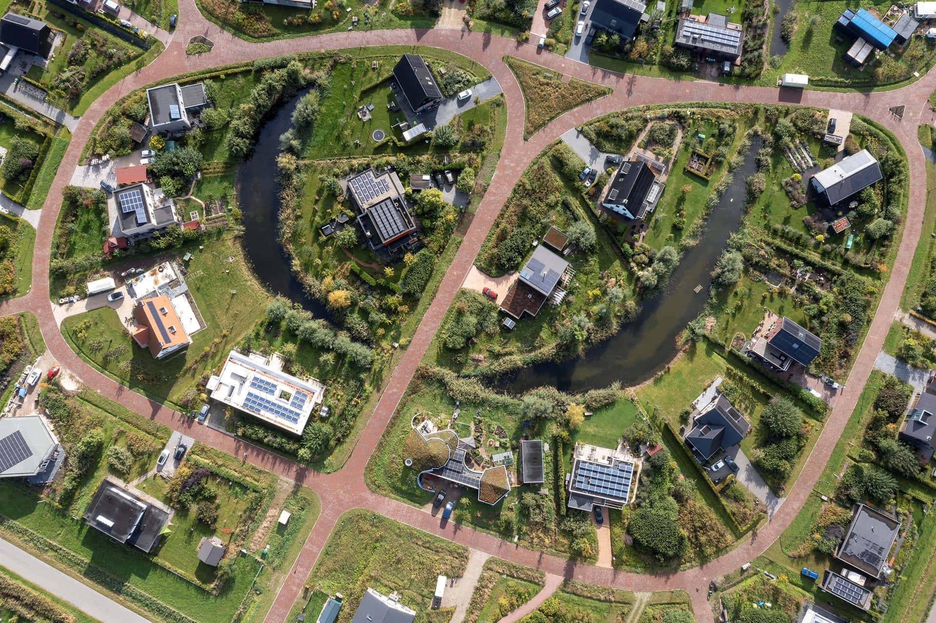Almere, residential neighborhood, winding river, Full HD Desktop Wallpaper