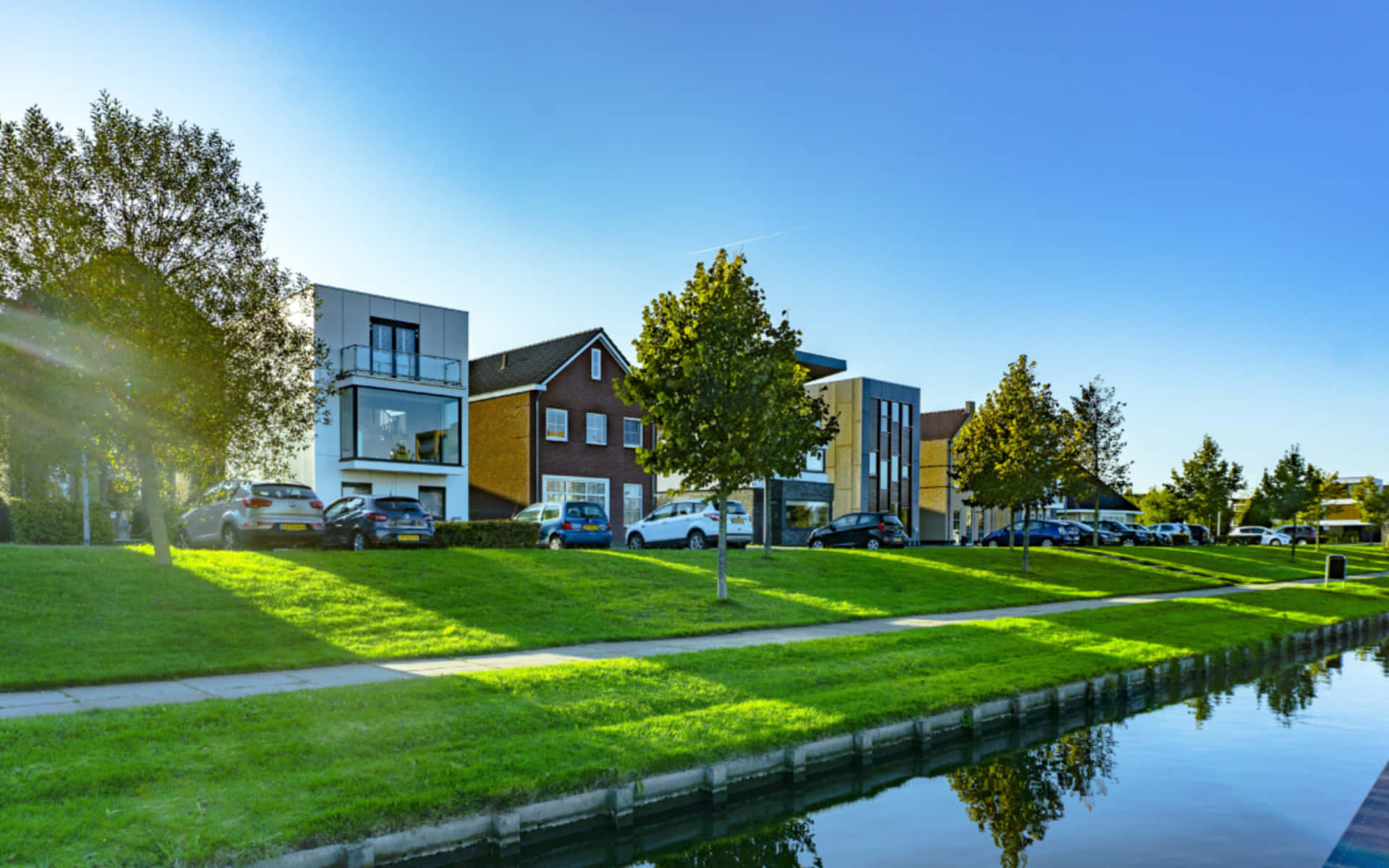 Almere, modern housing, canal view, Full HD Desktop Wallpaper
