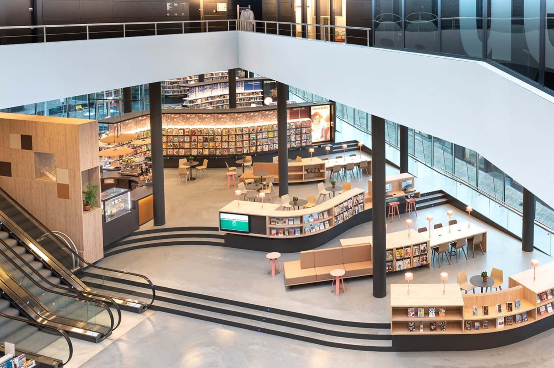 Almere, modern multi-level bookstore, curved bookshelves, HD Desktop Wallpaper