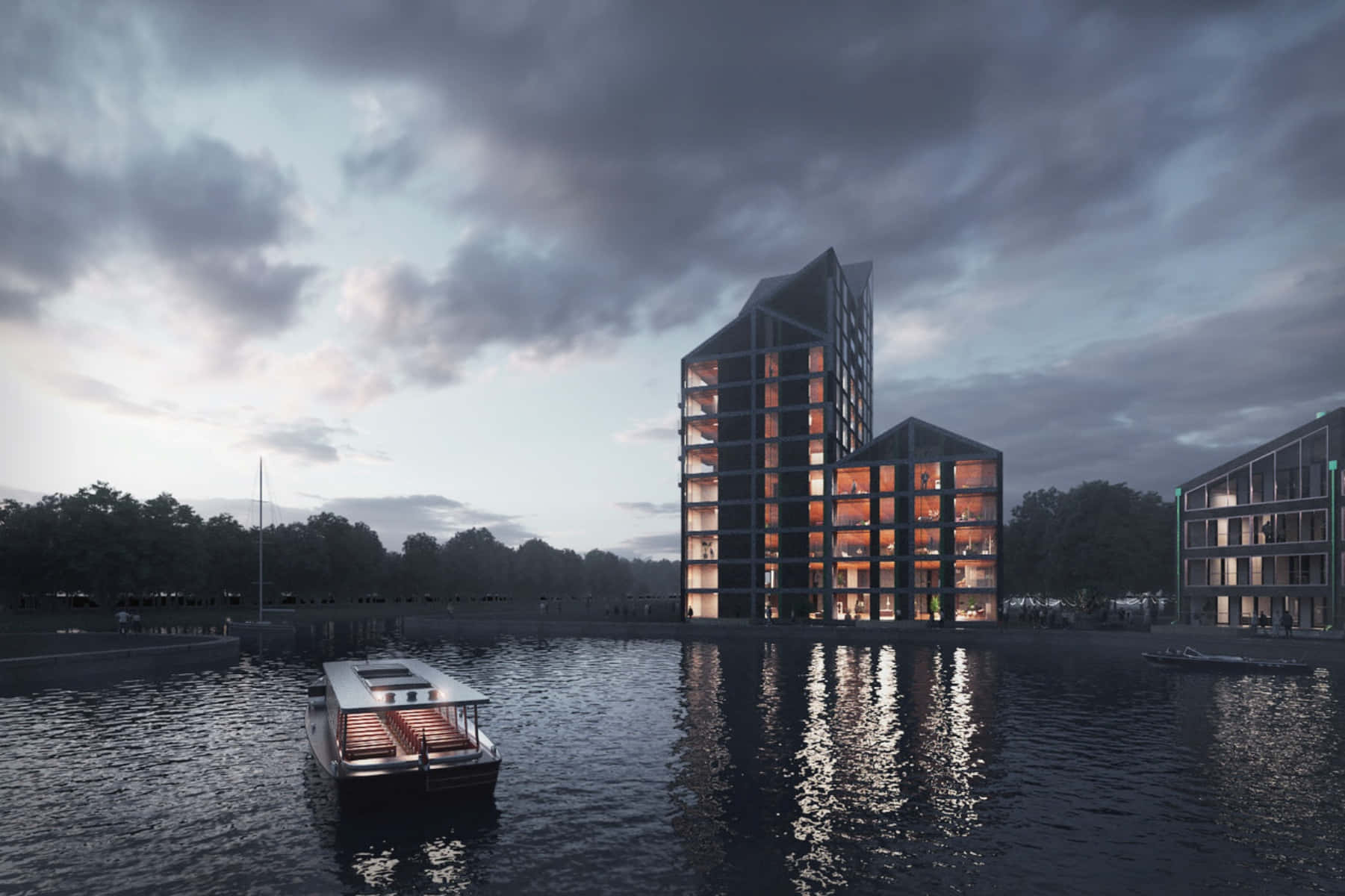 Almere, waterfront architecture, dusk, HD Desktop Wallpaper