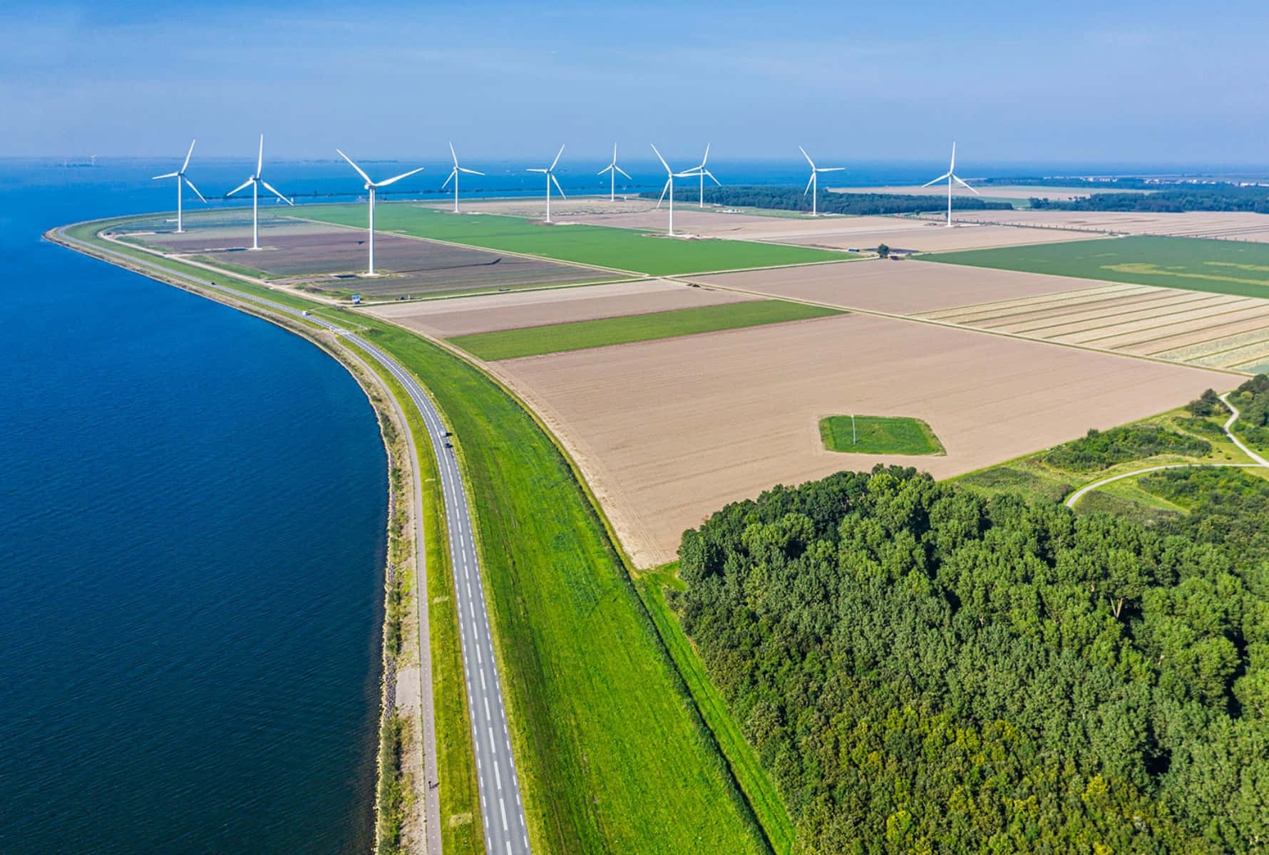 Almere, wind turbines, coastal road, HD Desktop Wallpaper