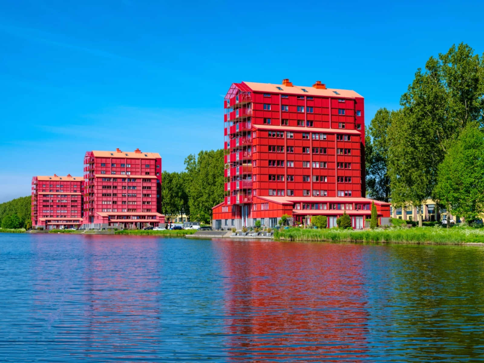 Almere, lakefront, red apartments, HD Desktop Wallpaper