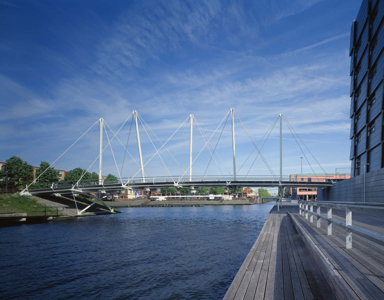 Almere, modern cable-stayed bridge, calm river, HD Desktop Wallpaper