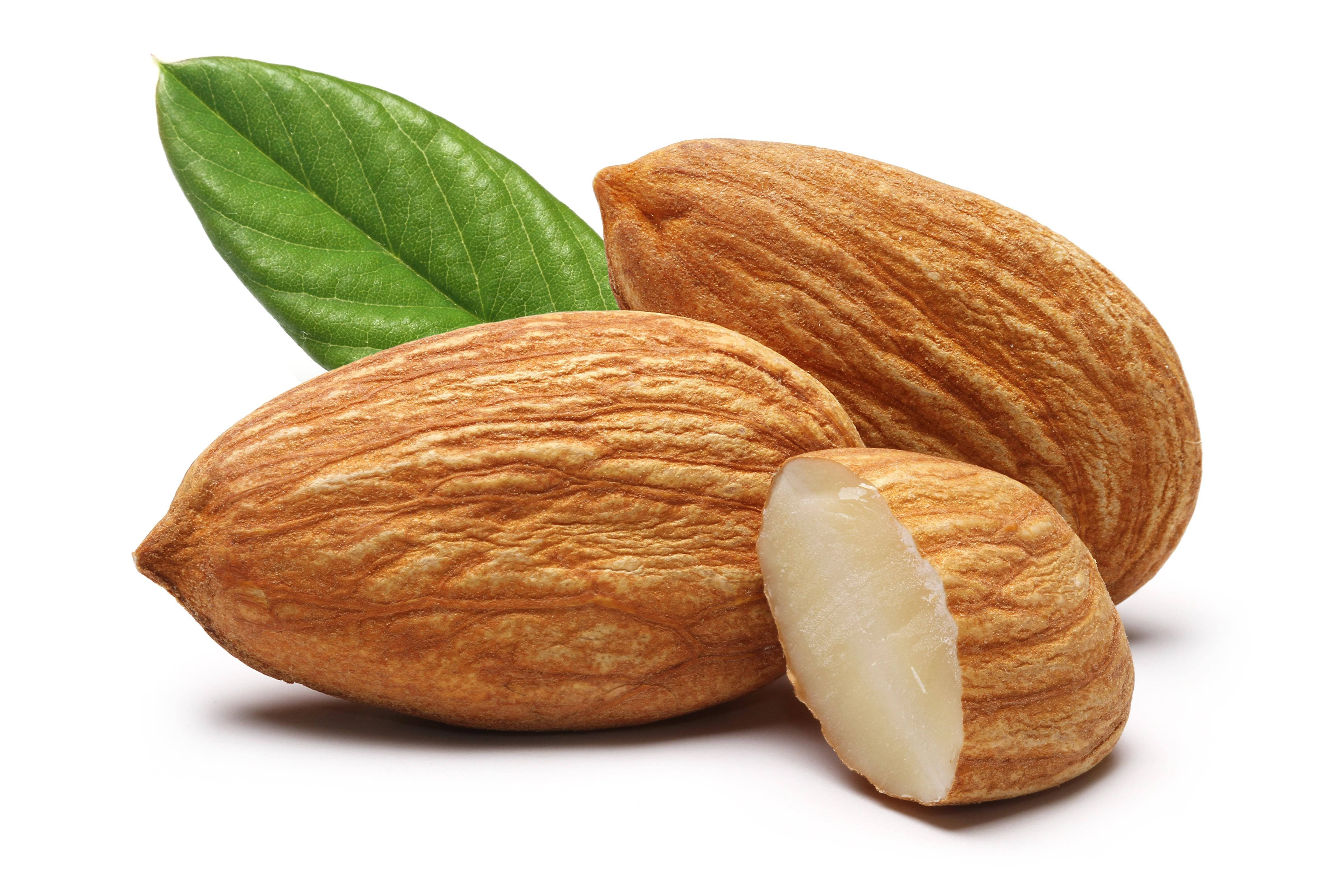 raw organic almond nuts, creamy interior, vibrant green leaf, 4K Desktop Wallpaper