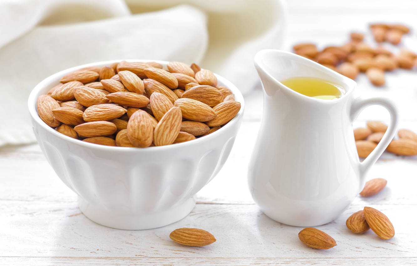almond, almond oil, white bowl, HD Desktop Wallpaper