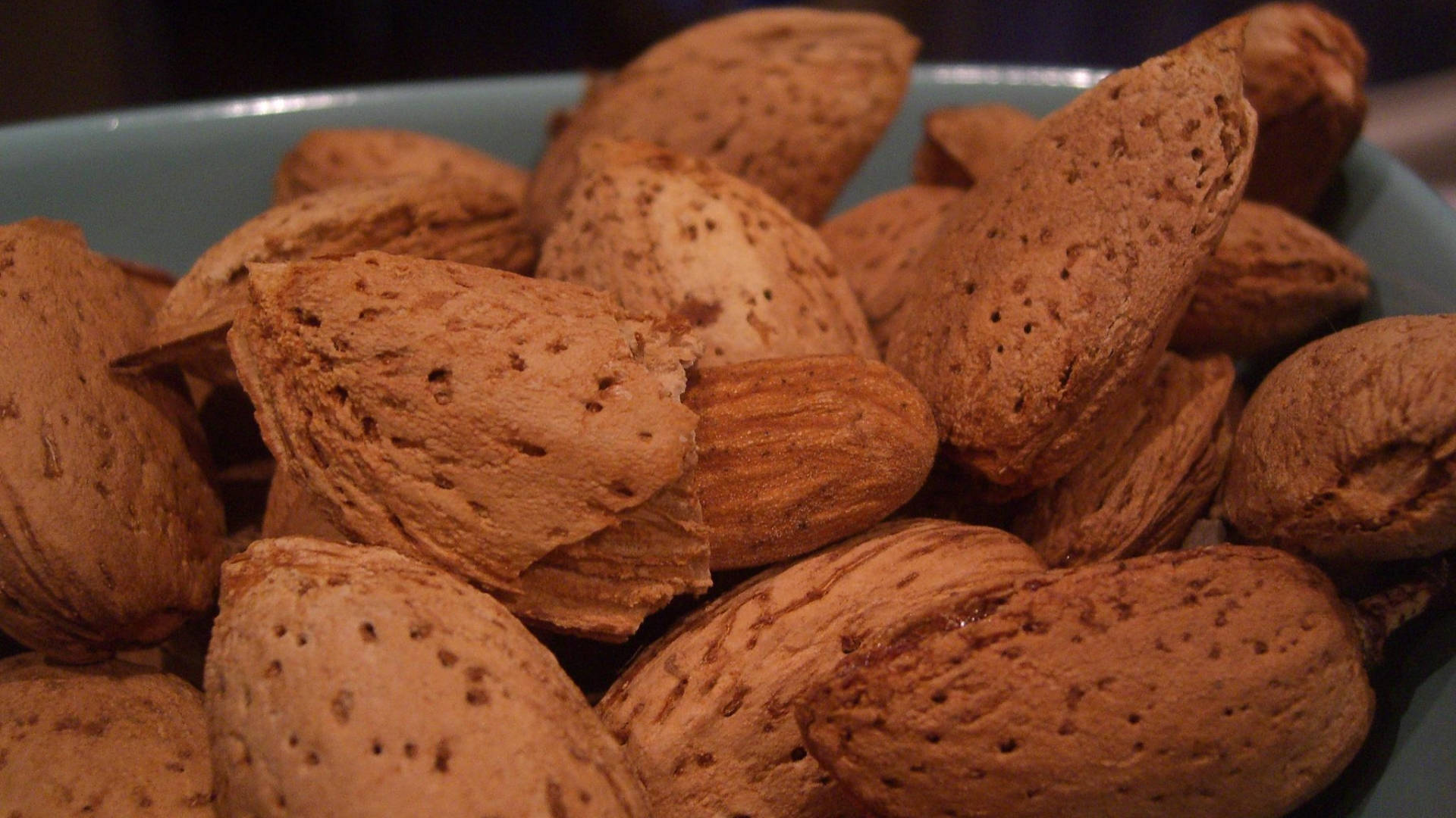 organic almond nuts, roasted almonds, teal bowl, Full HD Desktop Wallpaper