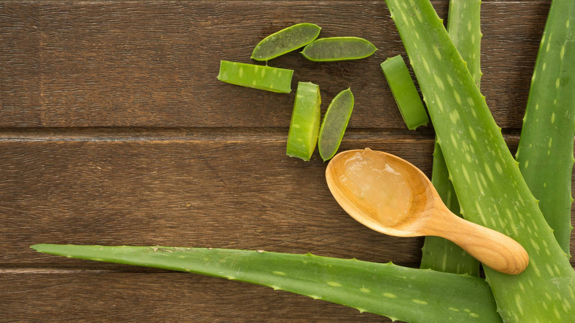 aloe vera gel, wooden spoon, fresh aloe vera leaves, Full HD Desktop Wallpaper