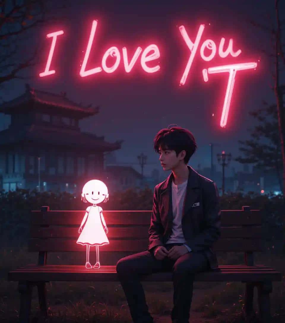 I Love You, glowing pink neon sign, young man, SD Phone Wallpaper