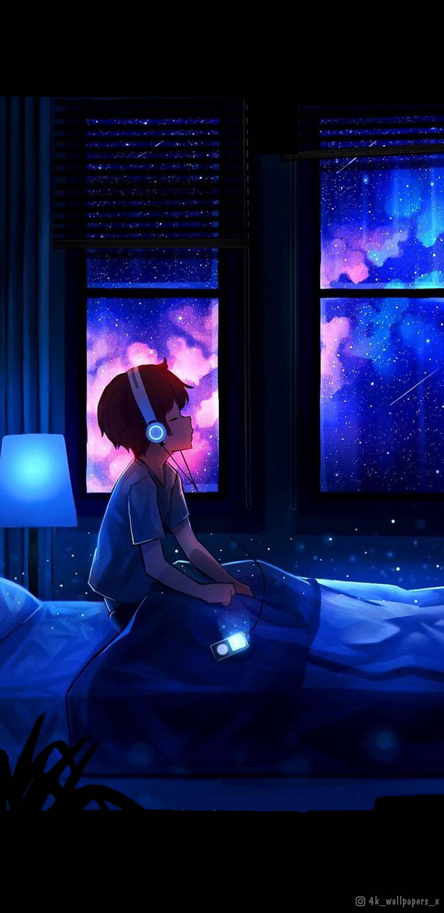 Alone Boy Anime, bed, headphones, 2K Phone Wallpaper