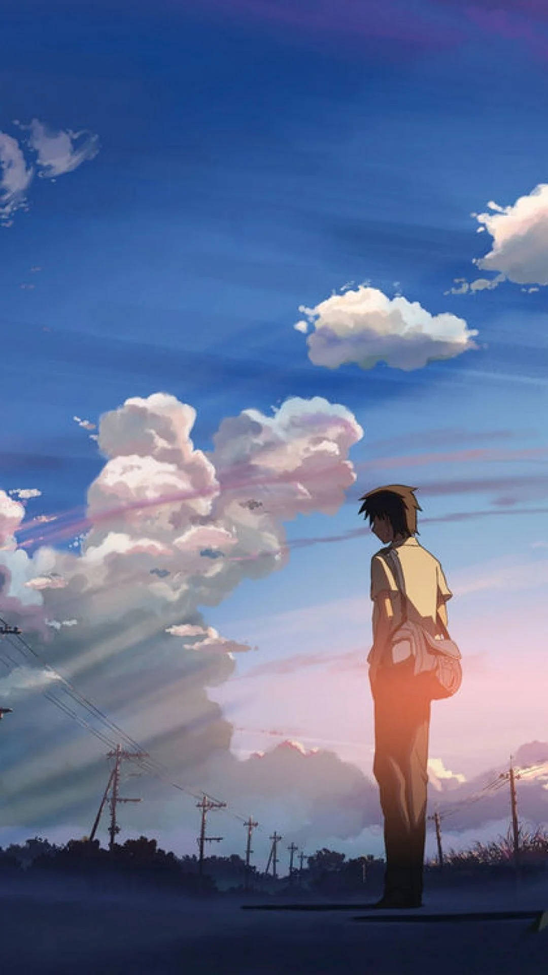 lone anime boy, vast sky, soft clouds, Full HD Phone Wallpaper
