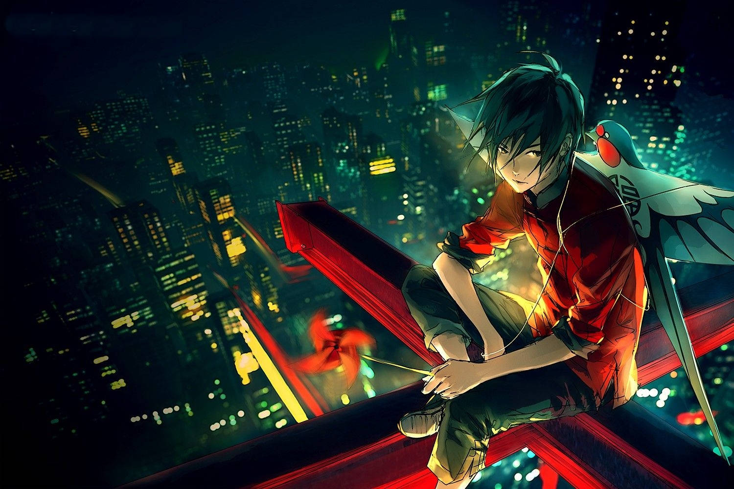 alone anime boy, bird, red structure, HD Desktop Wallpaper