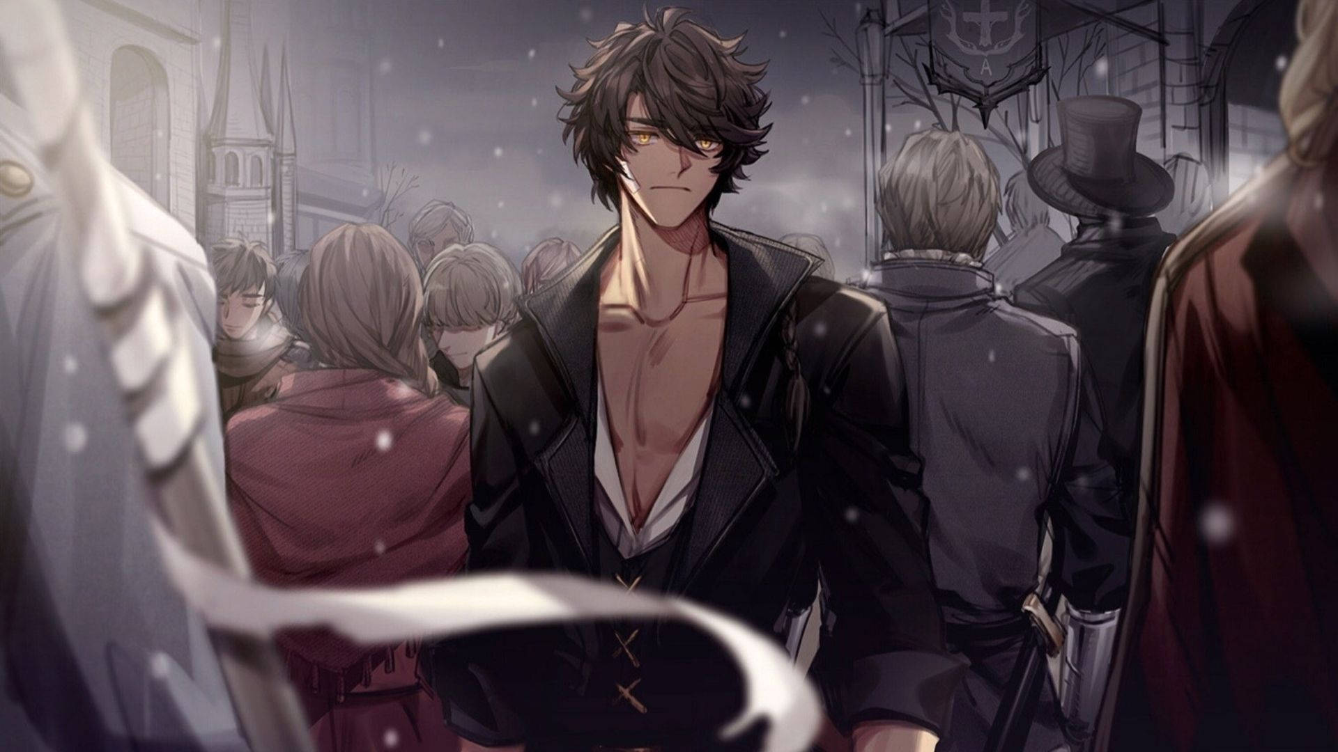 anime man, dark hair, golden eyes, Full HD Desktop Wallpaper