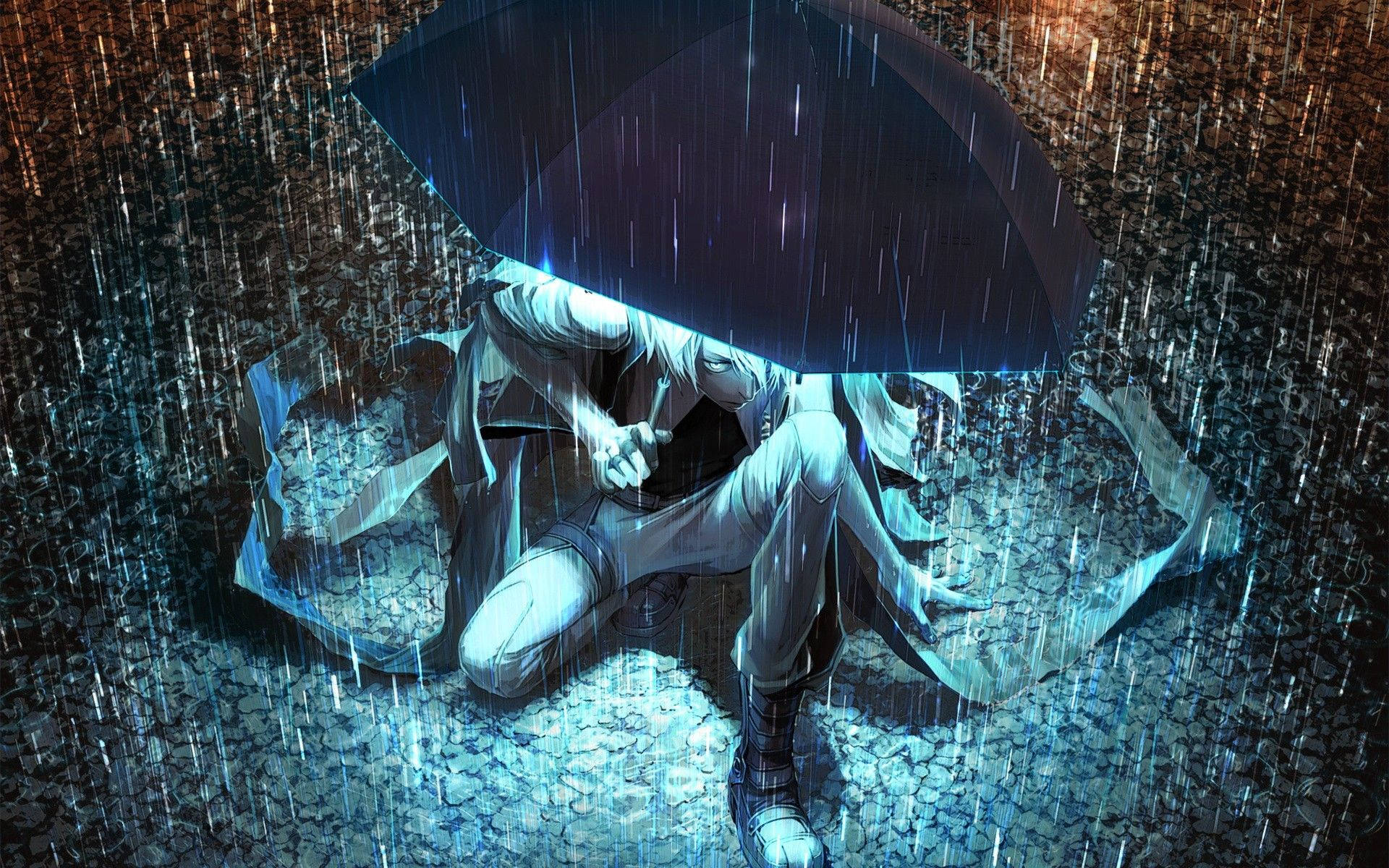 white hair, black umbrella, heavy rain, Full HD Desktop Wallpaper