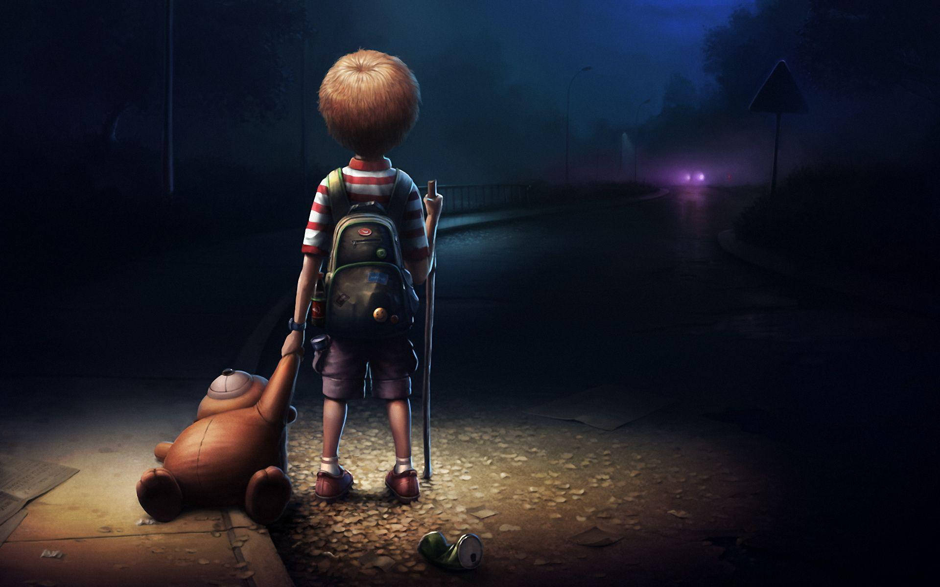 Love Alone Boy With Teddy, lone child, backpack, Full HD Desktop Wallpaper