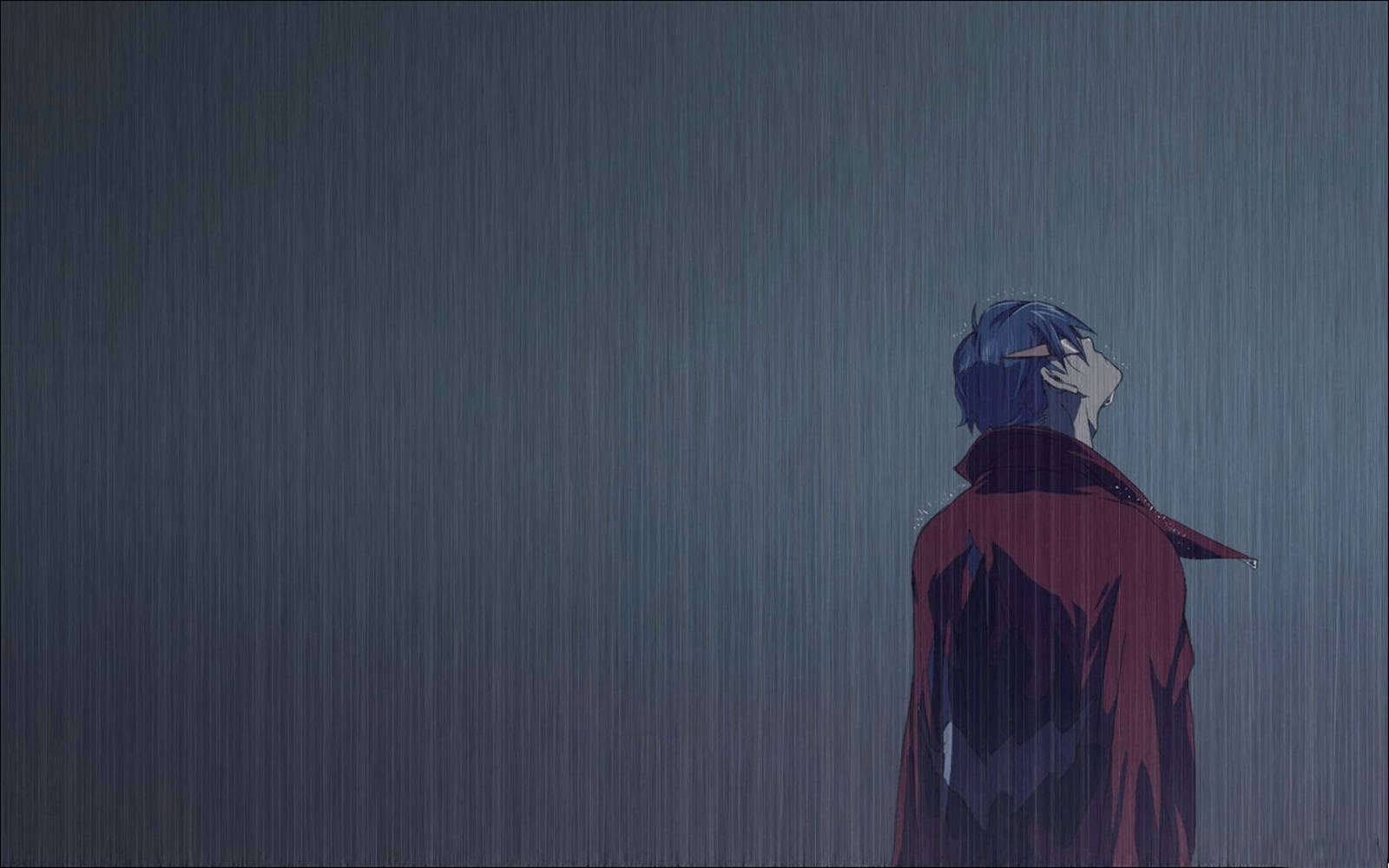 blue hair, red coat, heavy downpour, HD Desktop Wallpaper
