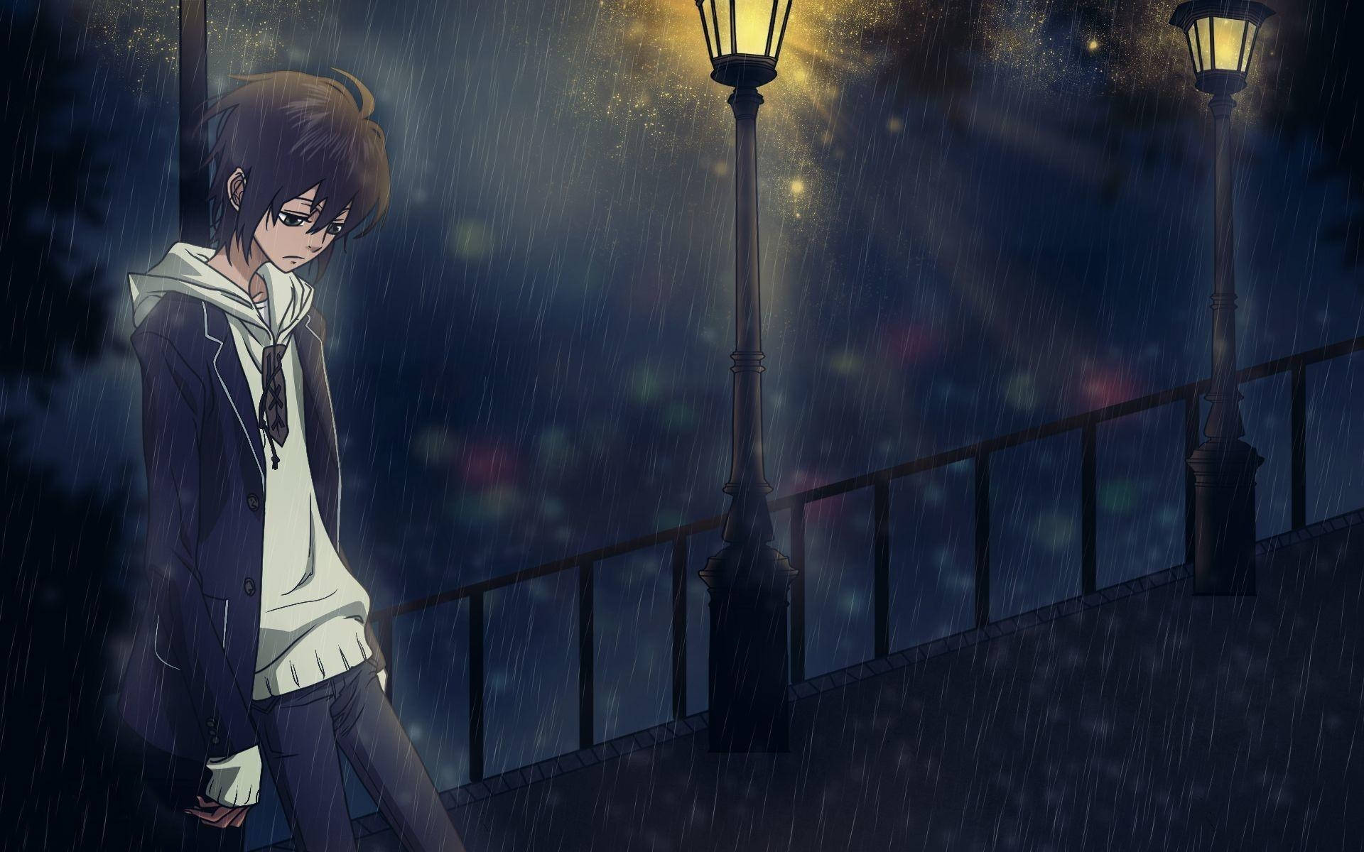 anime boy, hoodie, rain-slicked streetlights, Full HD Desktop Wallpaper