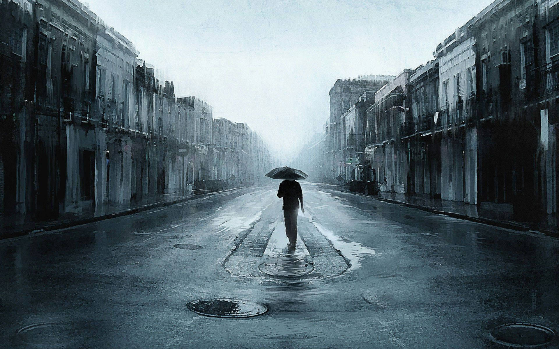 alone sad anime boys painting, lone figure, umbrella, Full HD Desktop Wallpaper