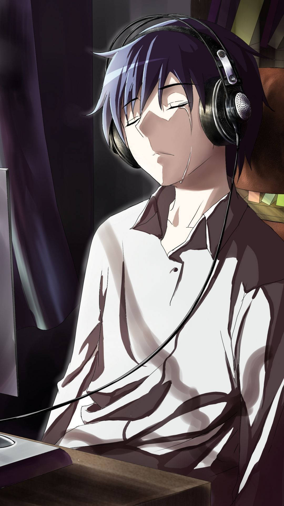 purple hair, headphones, young anime boy, Full HD Phone Wallpaper