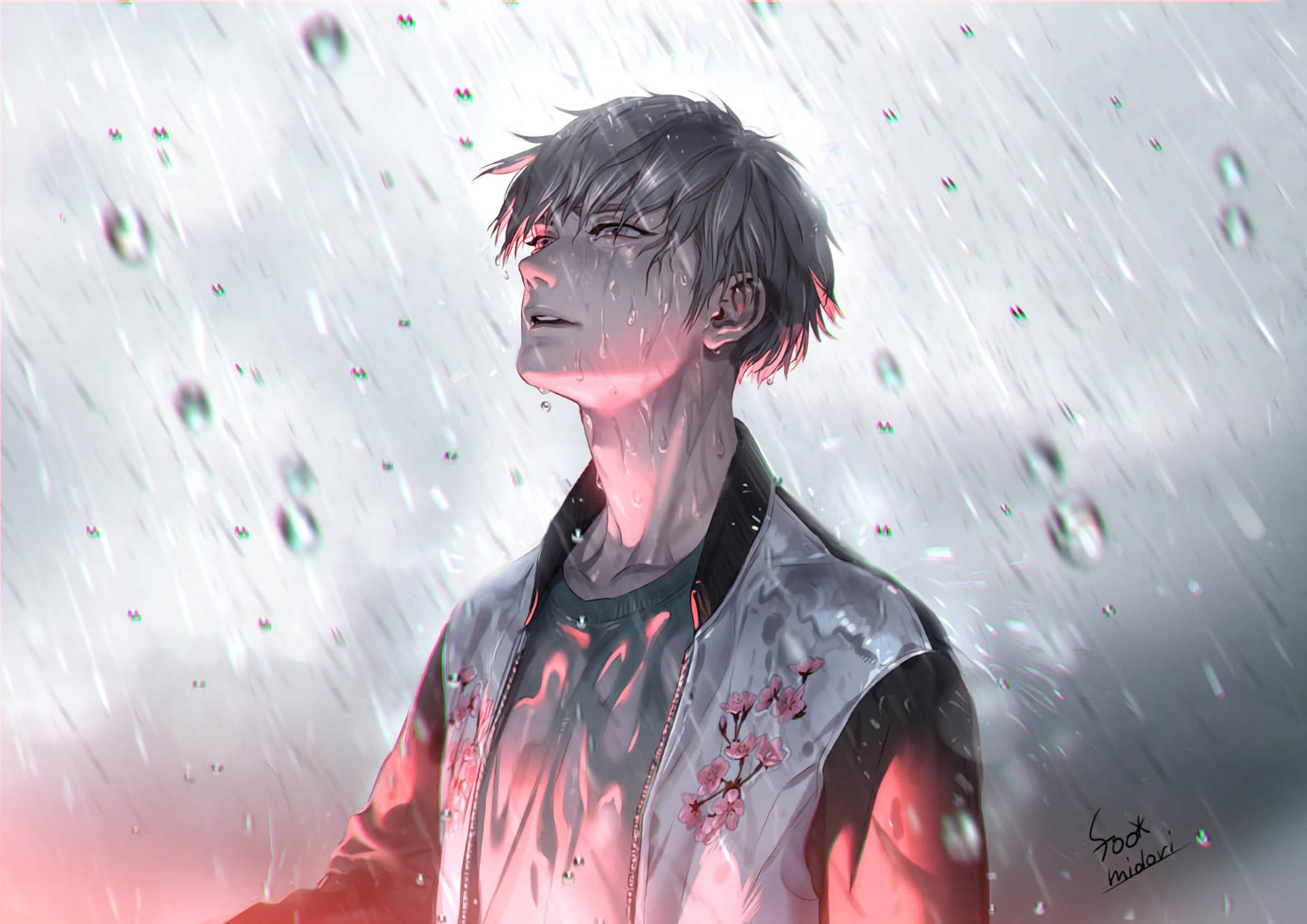 gray hair, heavy rain, water droplets glistening, Full HD Desktop Wallpaper