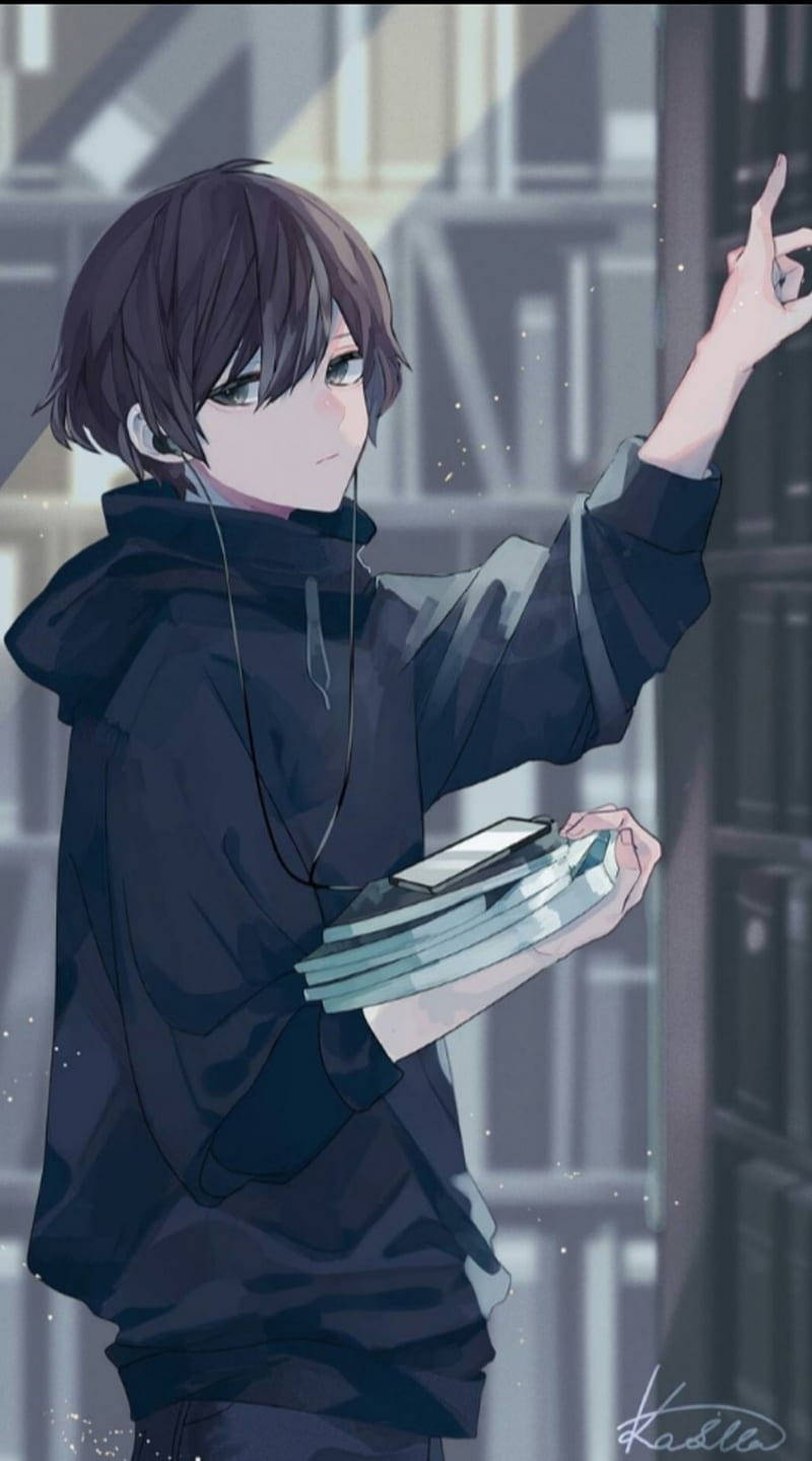 Alone Boy Anime, library, dark hoodie, HD Phone Wallpaper