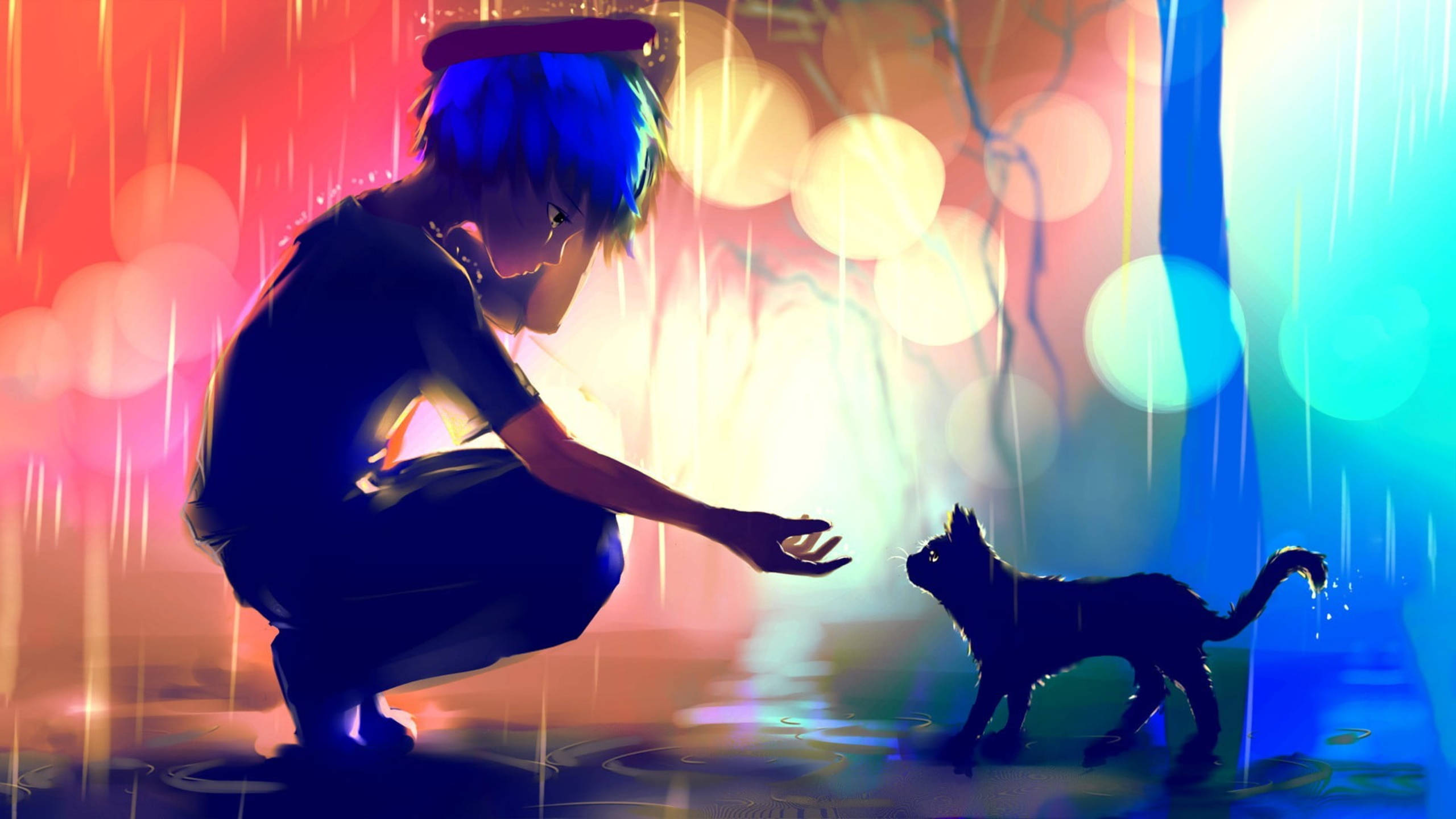 blue-haired anime boy, rain, black cat, 2K Desktop Wallpaper