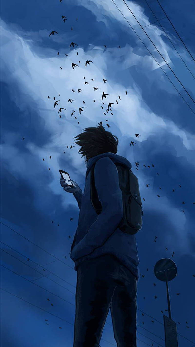 anime boy, hoodie, stormy blue sky, HD Phone Wallpaper