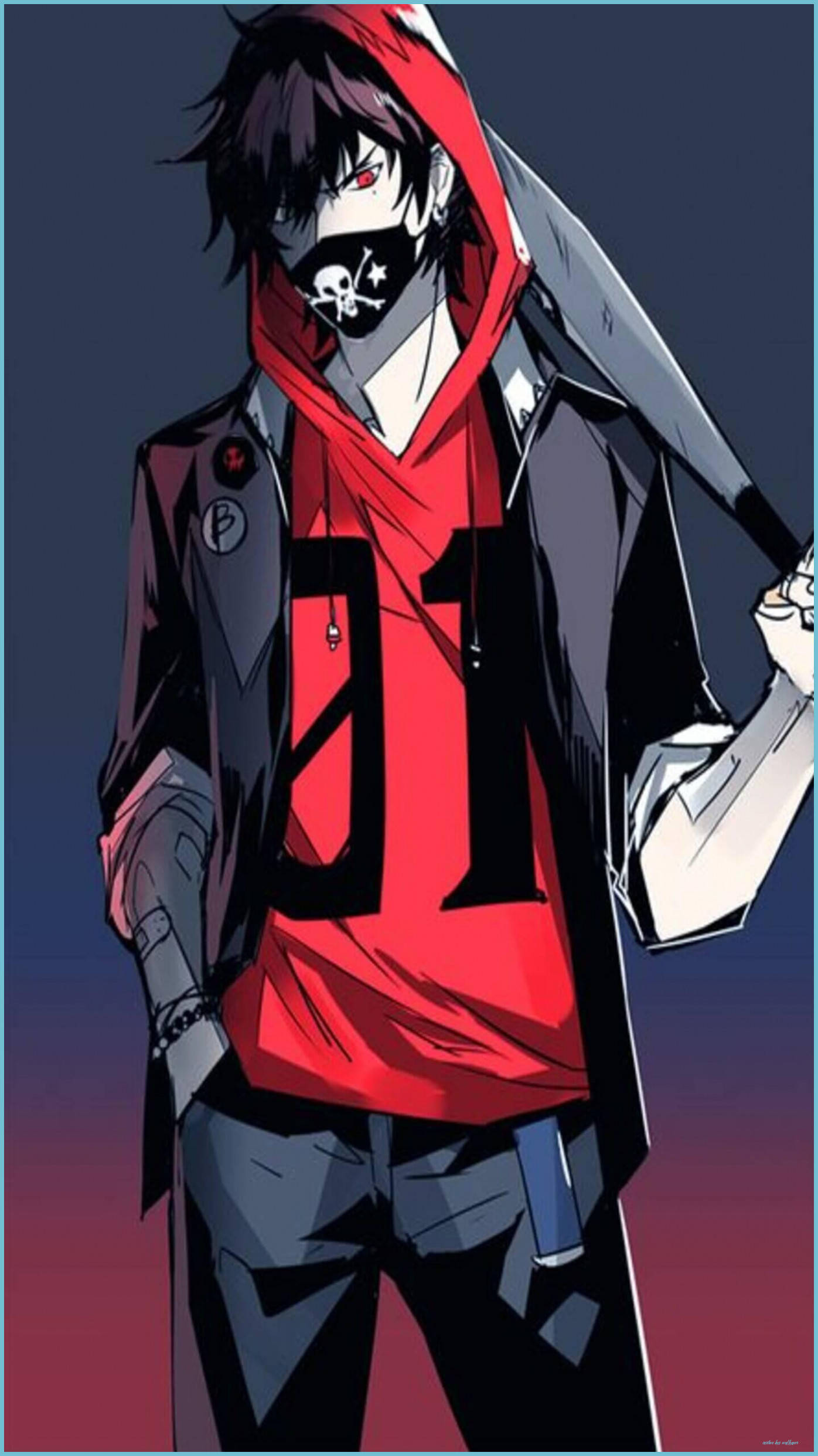 red hoodie, black mask, large sword, Full HD Phone Wallpaper
