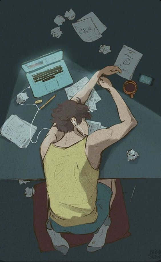 depressed anime boy, young artist, yellow tank top, SD Phone Wallpaper