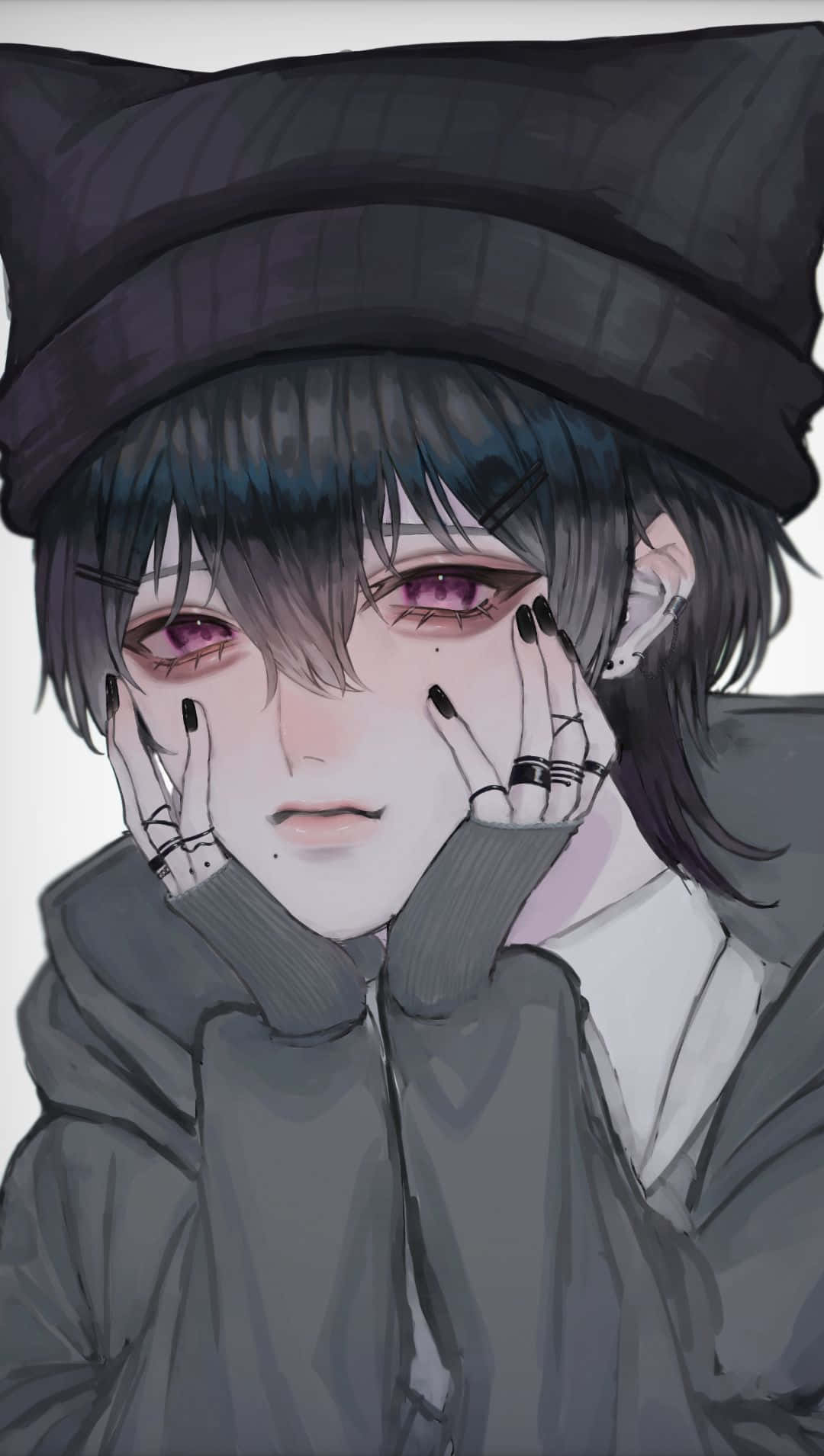 dark anime boy, purple eyes, black nail polish, HD Phone Wallpaper