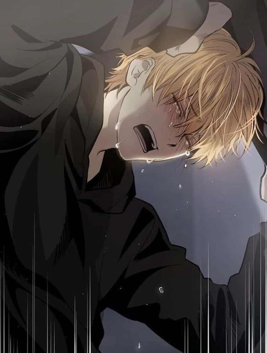 blonde anime boy, cries intensely in rain, dark hood, SD Phone Wallpaper