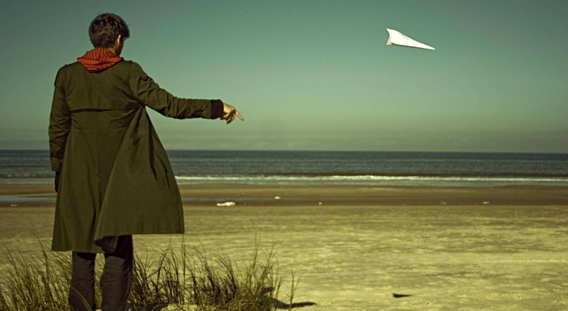 Alone Boy, green coat, beach, Full HD Desktop Wallpaper