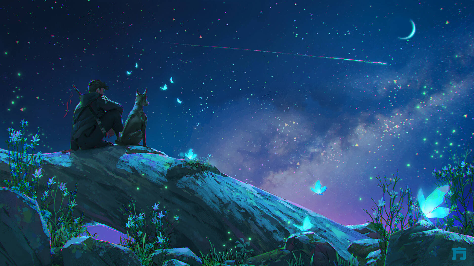 Alone Boy, starry night sky, crescent moon, Full HD Desktop Wallpaper