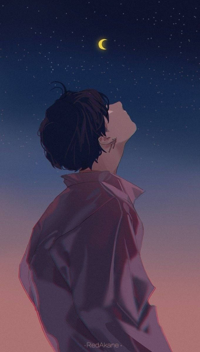 Alone Boy, purple coat, crescent moon, SD Phone Wallpaper