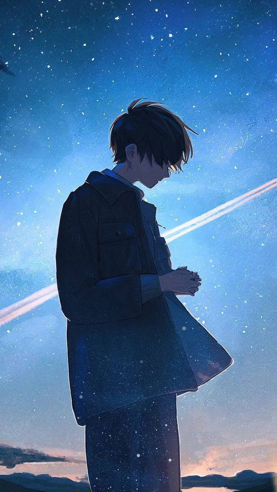 Alone Boy, starry twilight sky, glowing streaks of light, SD Phone Wallpaper