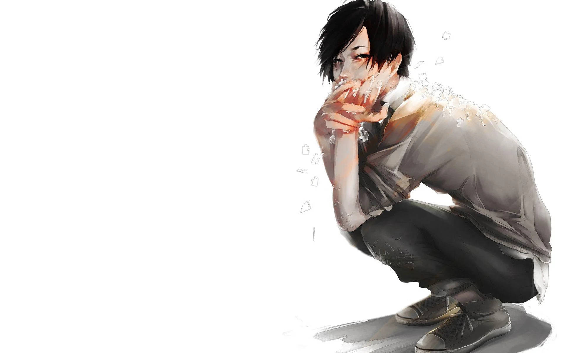 Alone Boy Anime, melancholic anime boy, stark white background, Full HD Desktop Wallpaper