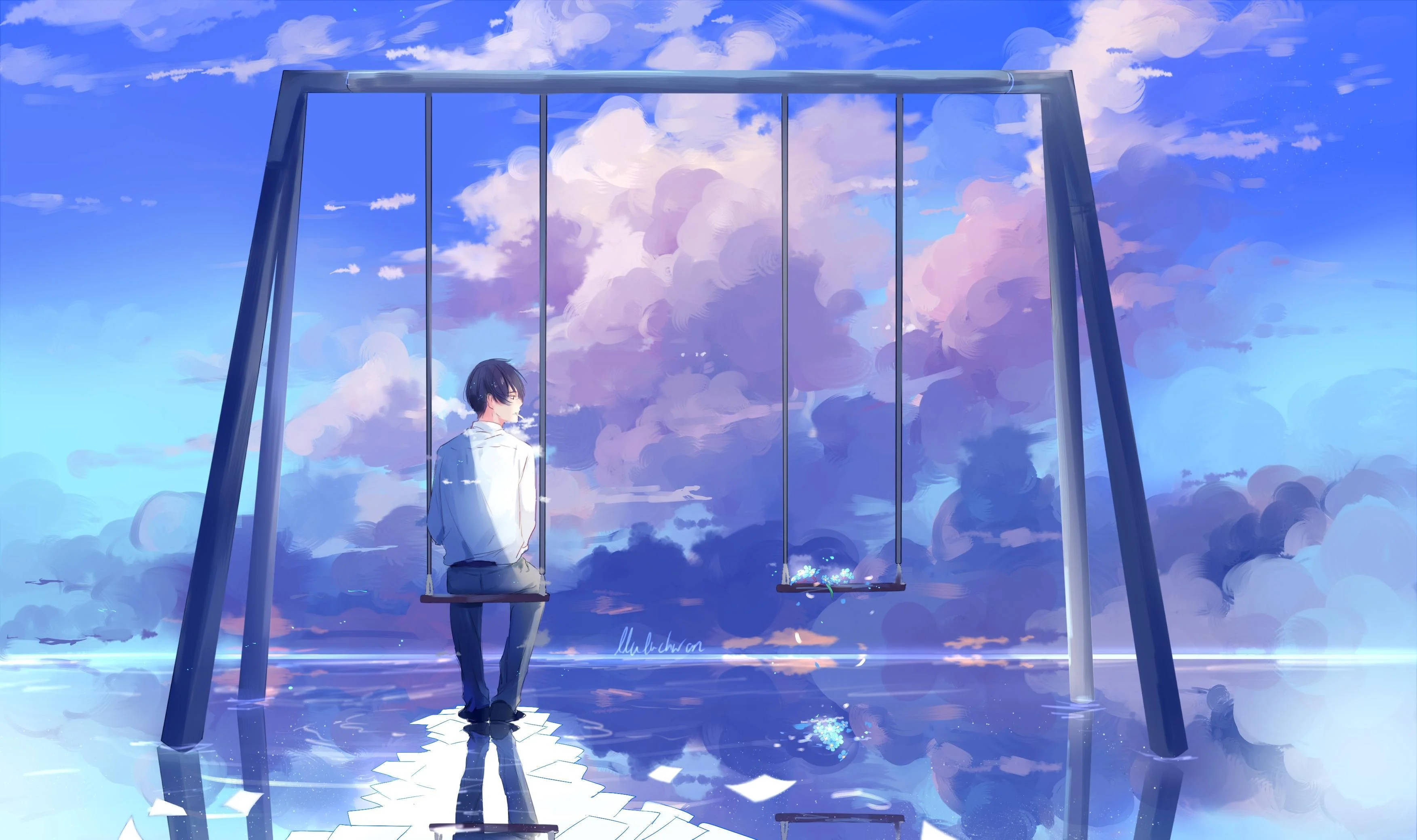 Alone Boy, swing, pastel sky, 2K Desktop Wallpaper