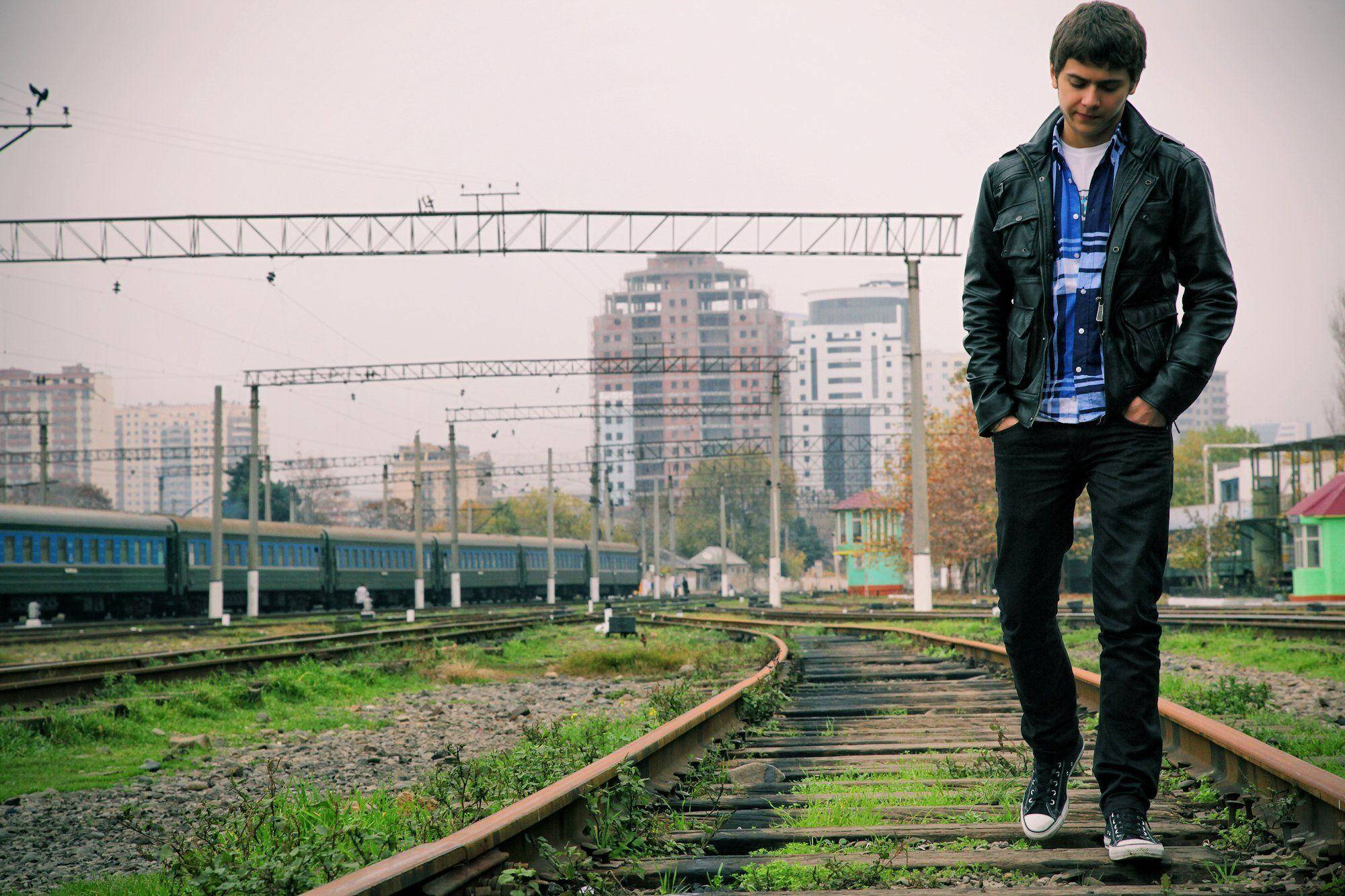 Alone Boy, black leather jacket, overgrown train tracks, Full HD Desktop Wallpaper