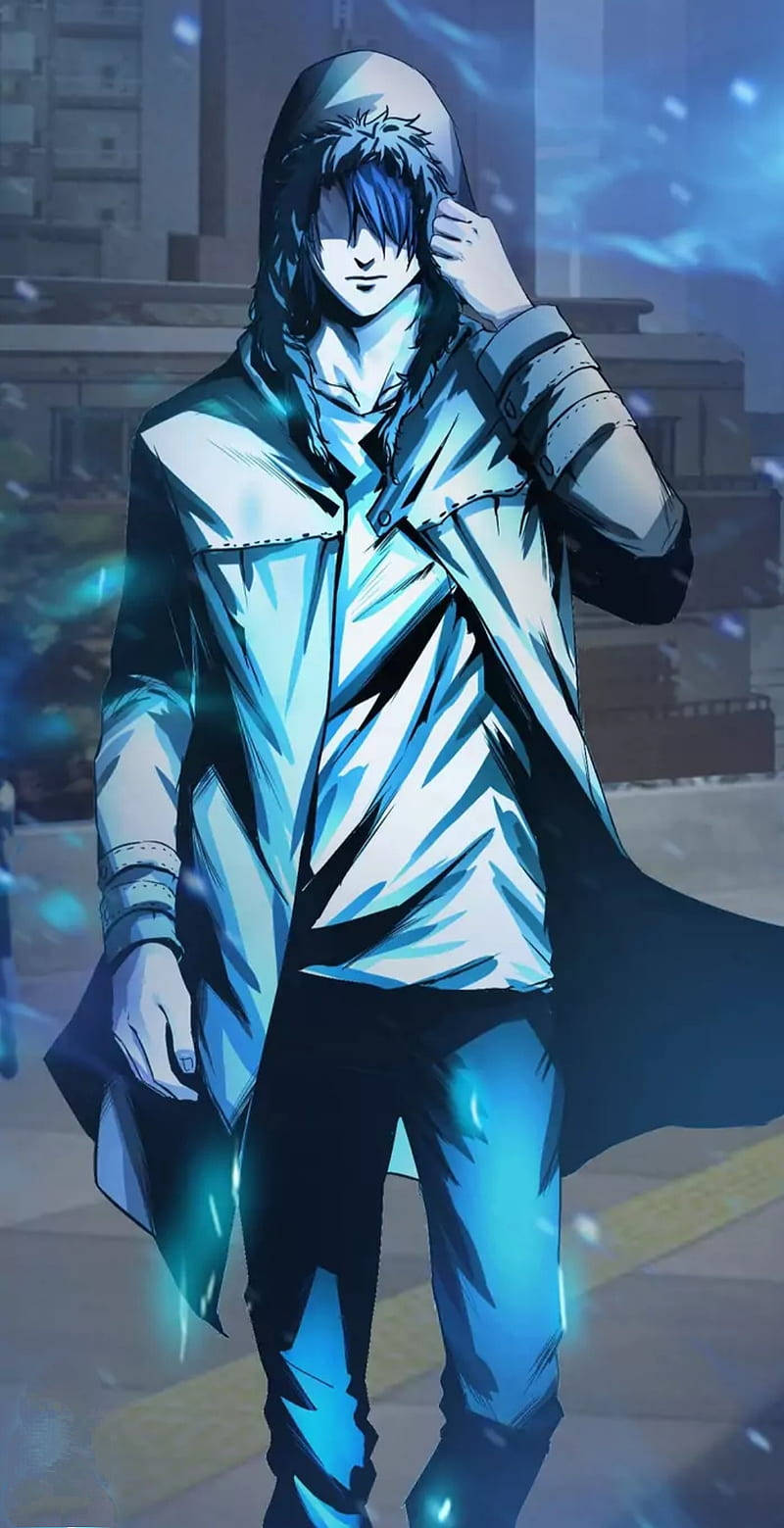 blue-haired anime character, hooded coat, glowing urban alleyway, HD Phone Wallpaper