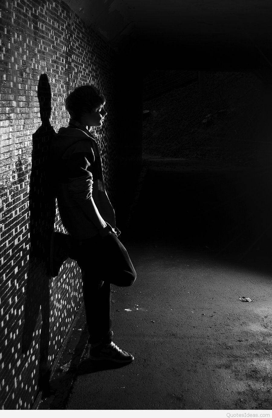 Alone Boy, black and white, textured brick wall, HD Phone Wallpaper
