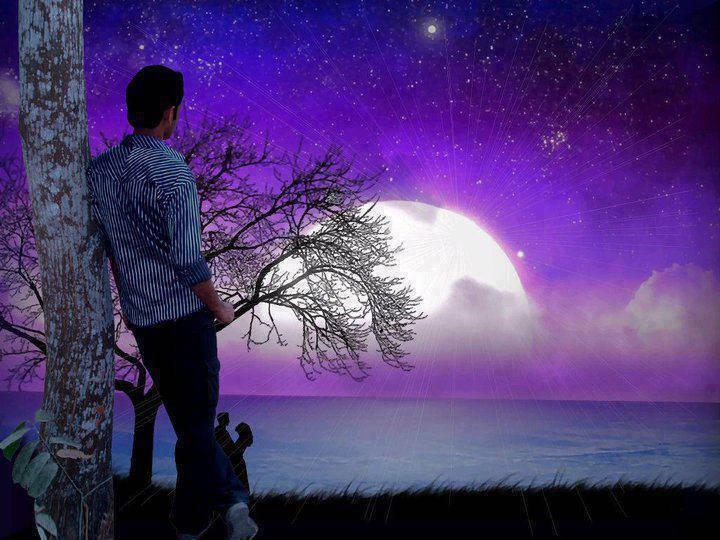 Alone Boy, glowing moon, calm ocean, SD Desktop Wallpaper