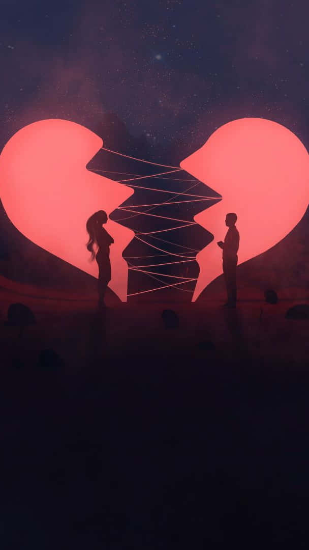 broken heart, starry night sky, silhouetted figures, SD Phone Wallpaper