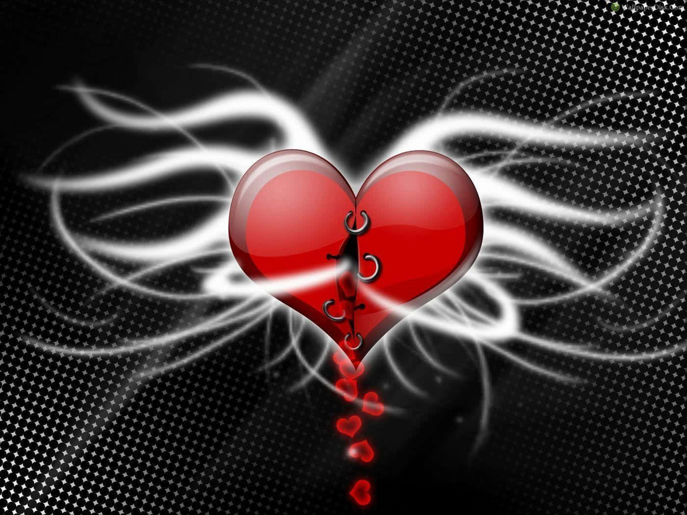 glossy red heart, white angel wings, black chain, HD Desktop Wallpaper