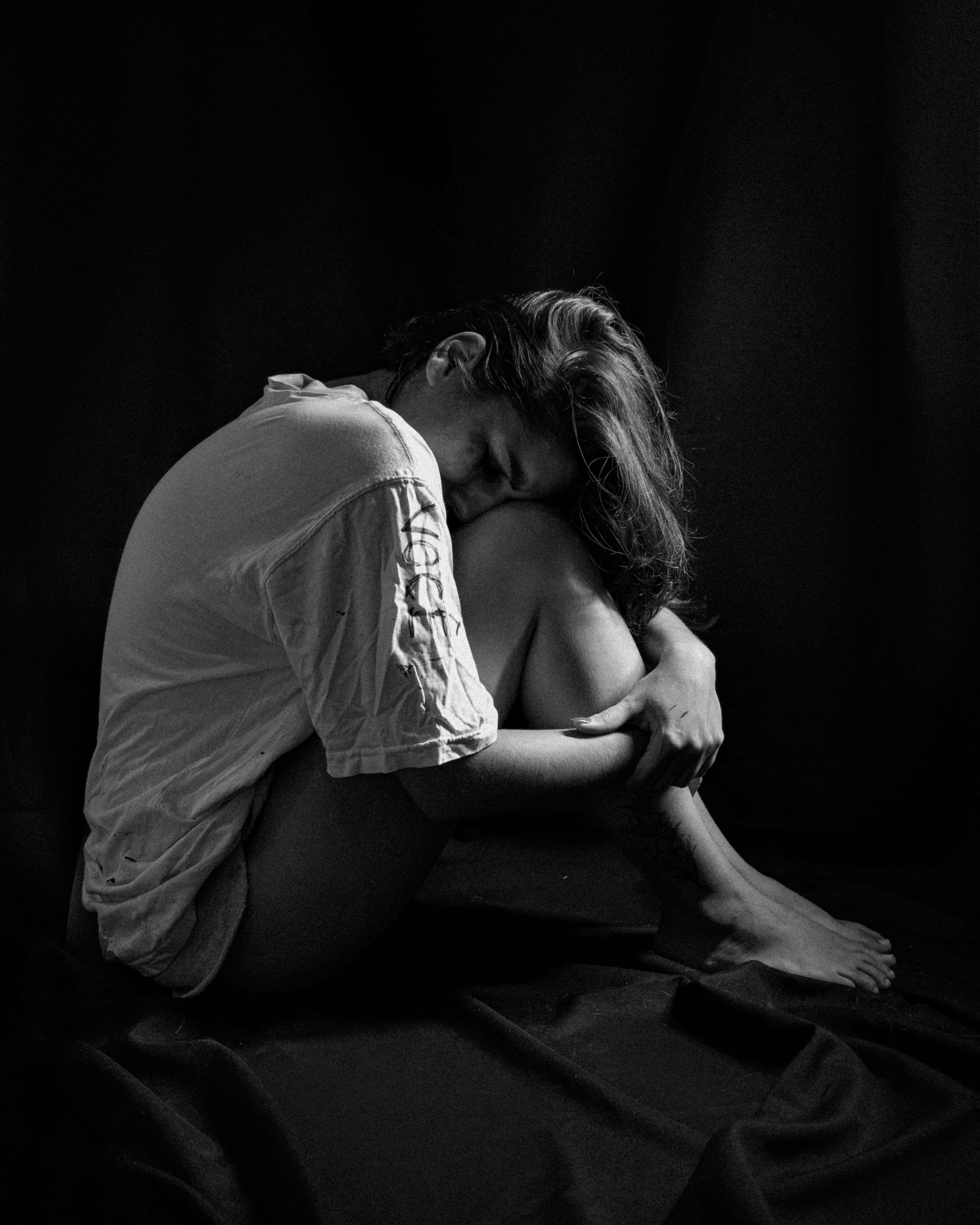 I Am Alone Sad, fetal position, dark fabric, 4K Phone Wallpaper