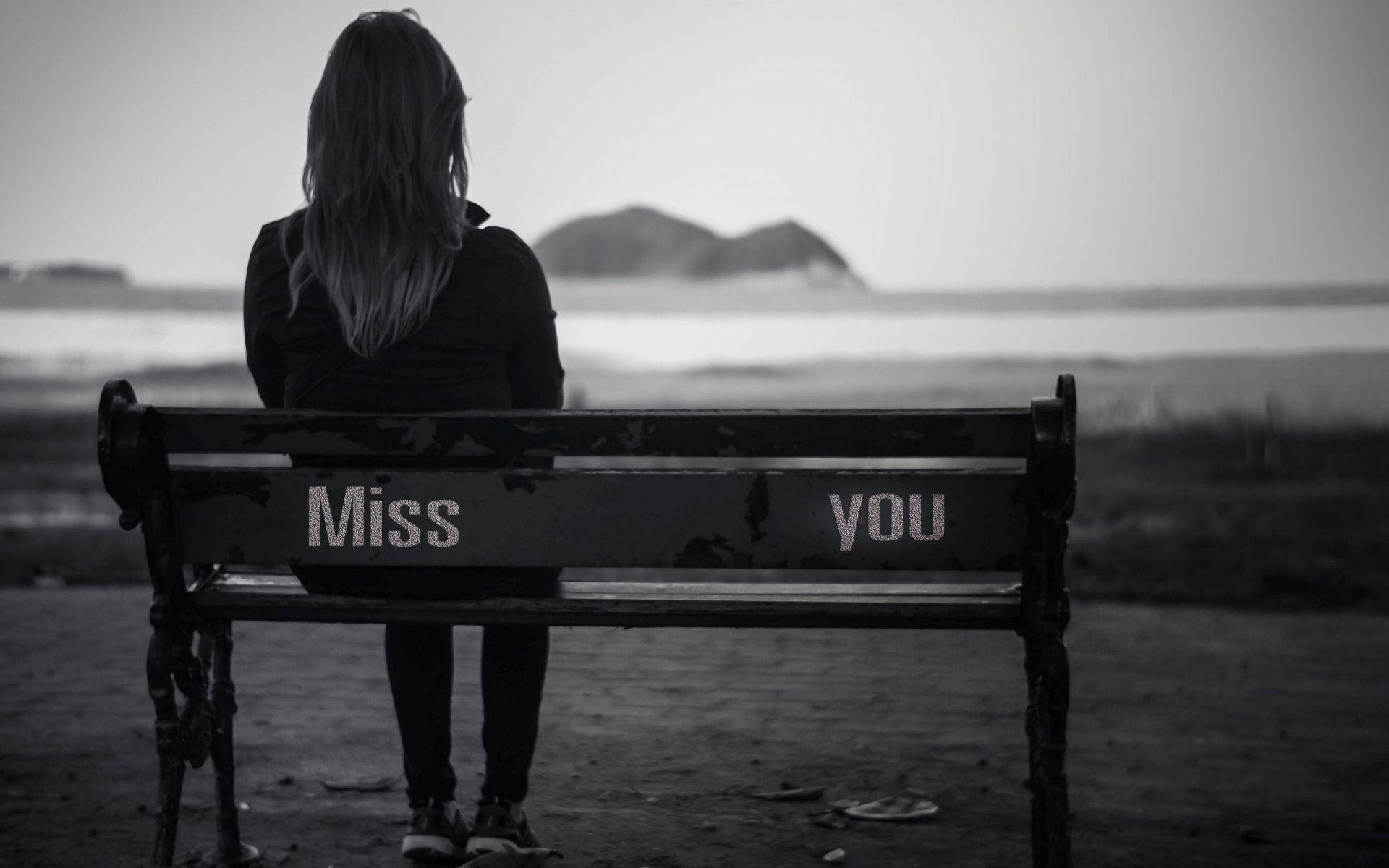 Miss you, weathered bench, water, Full HD Desktop Wallpaper