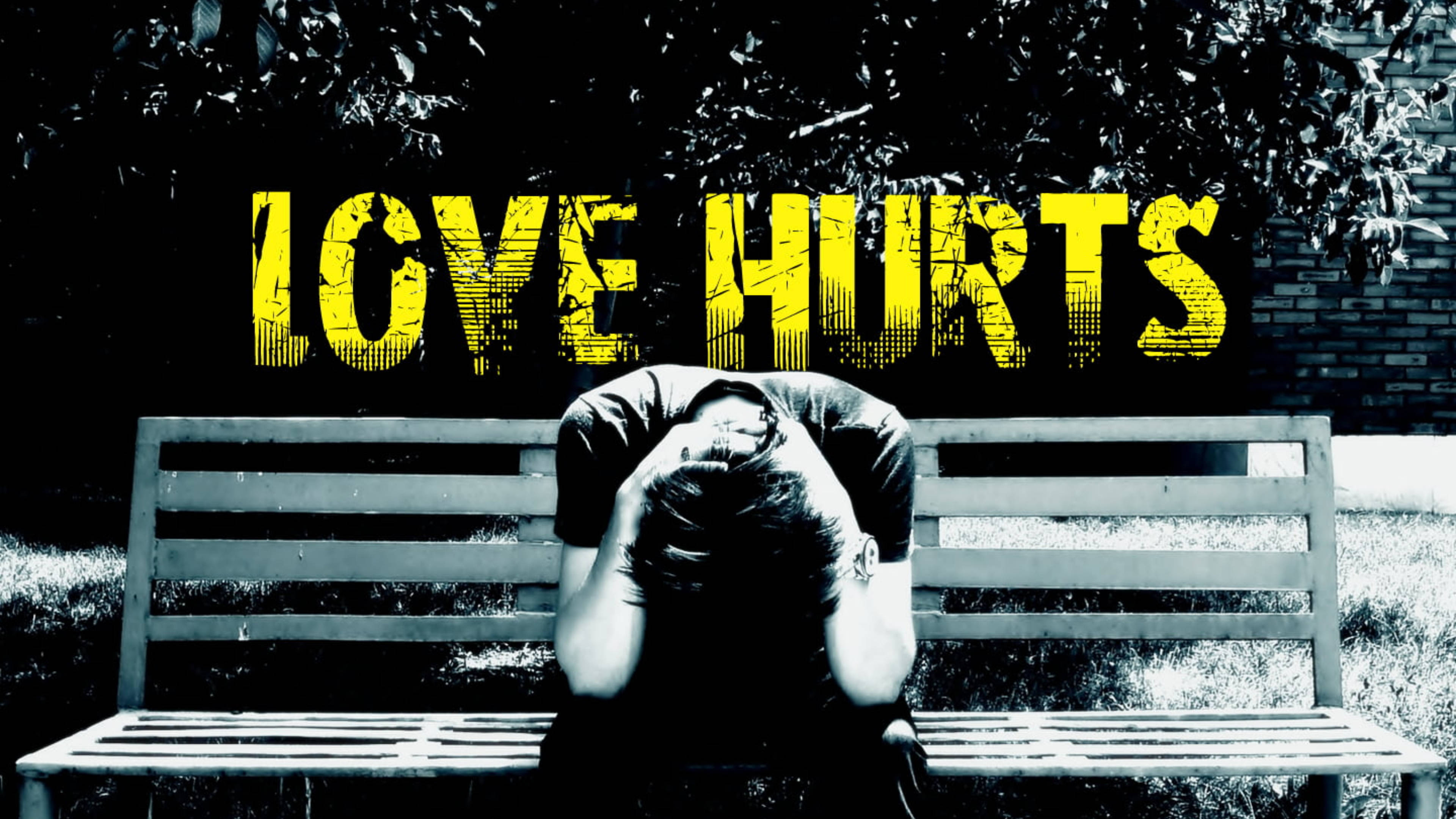 LOVE HURTS, yellow, bench, 4K Desktop Wallpaper