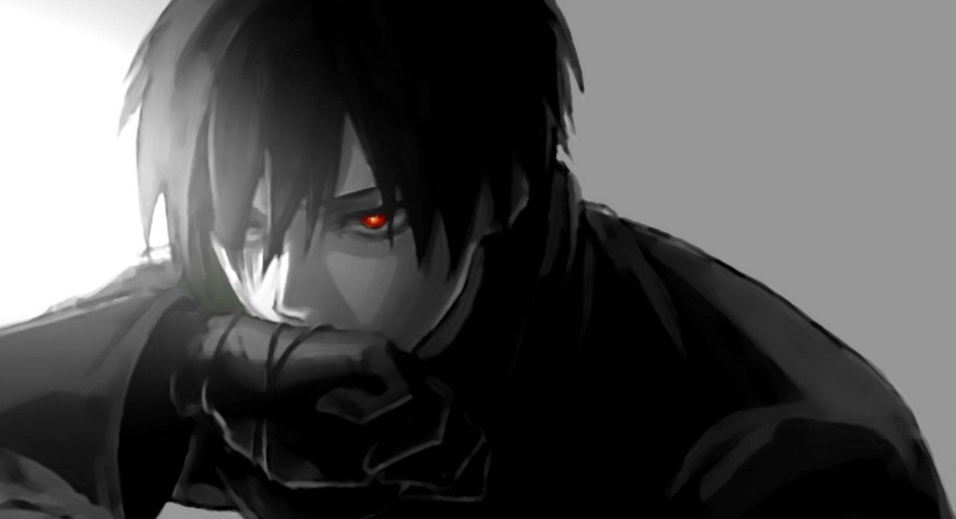glowing red eyes, dark hair, gloved hands, Full HD Desktop Wallpaper